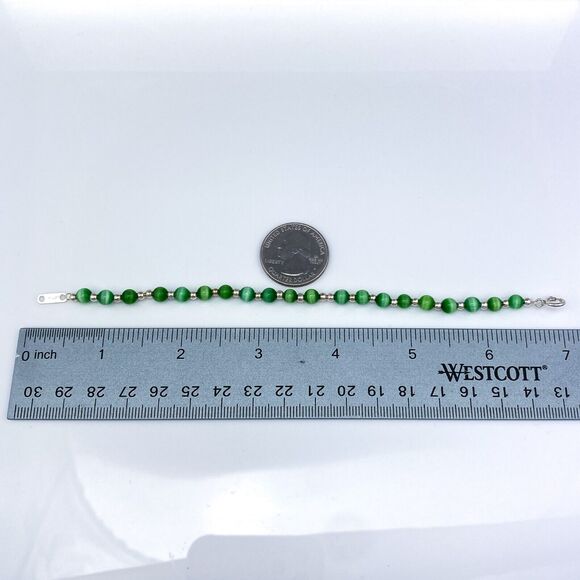 Green Cat's Eye Beaded Bracelet | Sterling Silver 925 | 7" - Picture 3 of 4